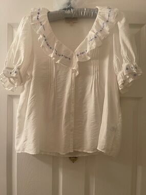 Women’s Cream Ruffled Button-Front Blouse with Blue Embroidery, like New